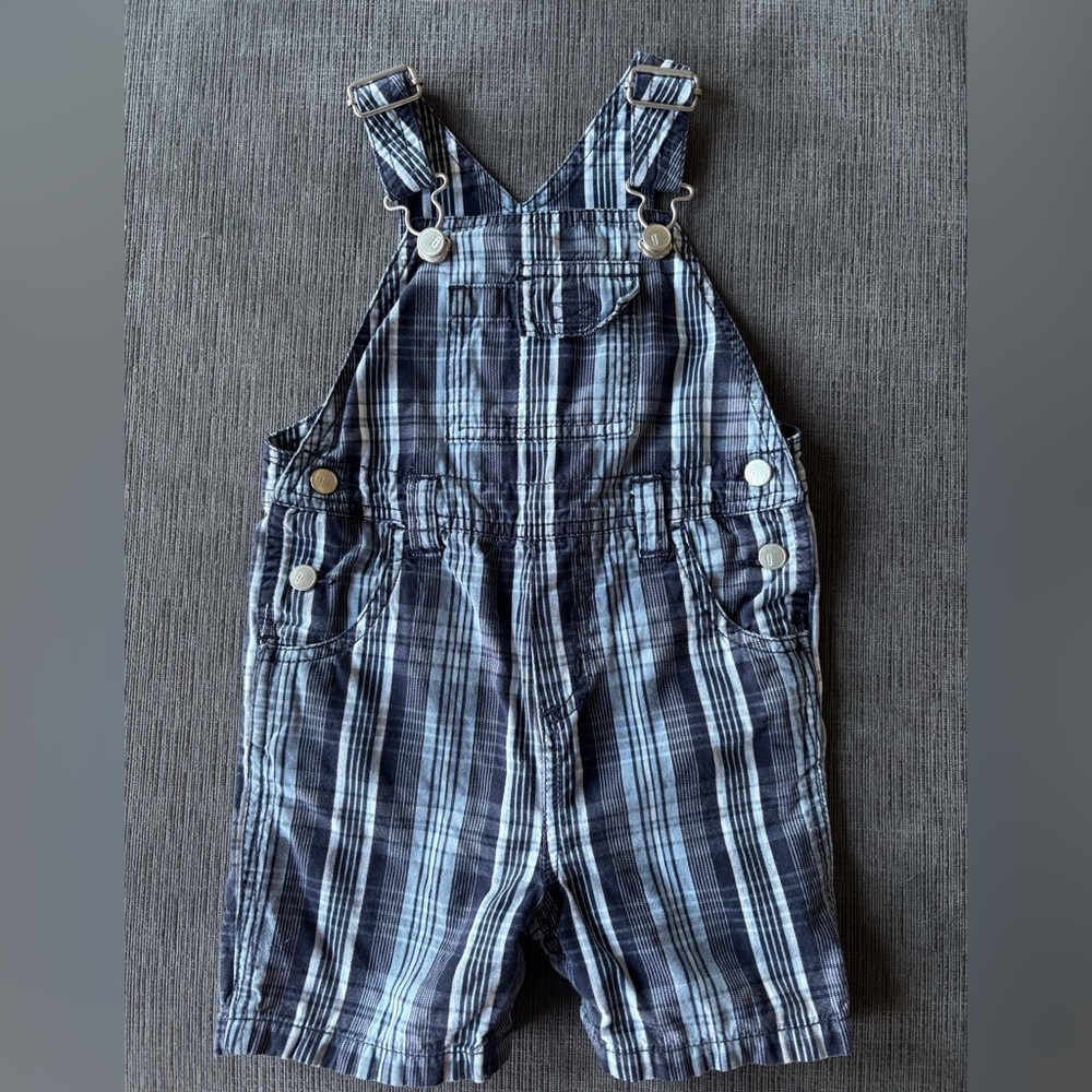Y2K 2003 Gymboree Blue and White Plaid Overalls 12-18 months - Picture 1 of 7